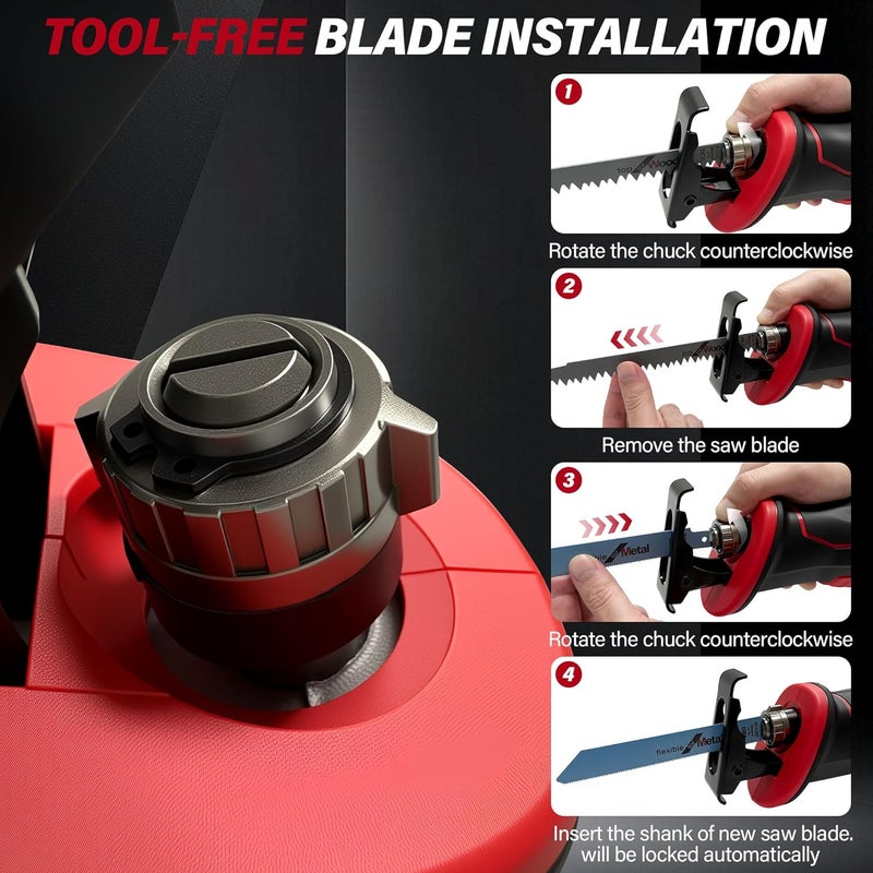 RAYLEEY Cordless Reciprocating Saw Compatible MILWAUKEE 18V LI-ION Battery.Electric Sierra Recíproca With Brushless Motor And 4 Blades、Tools-Free Blades Install.0-3500RPM Recipro sawzall For Wood/Metal/PVC. - Image 3